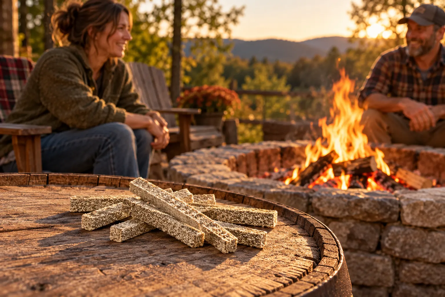 Fire starting sticks fanned out on an oak barrel head