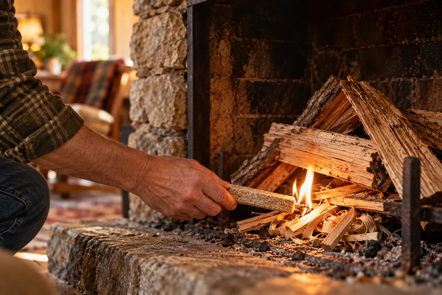 A starting stick lit under kindling