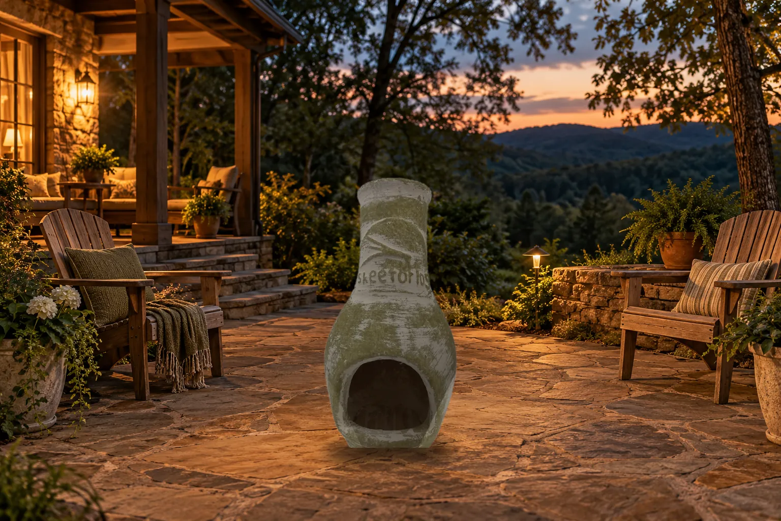 A clay chiminea glowing on a patio at dusk
