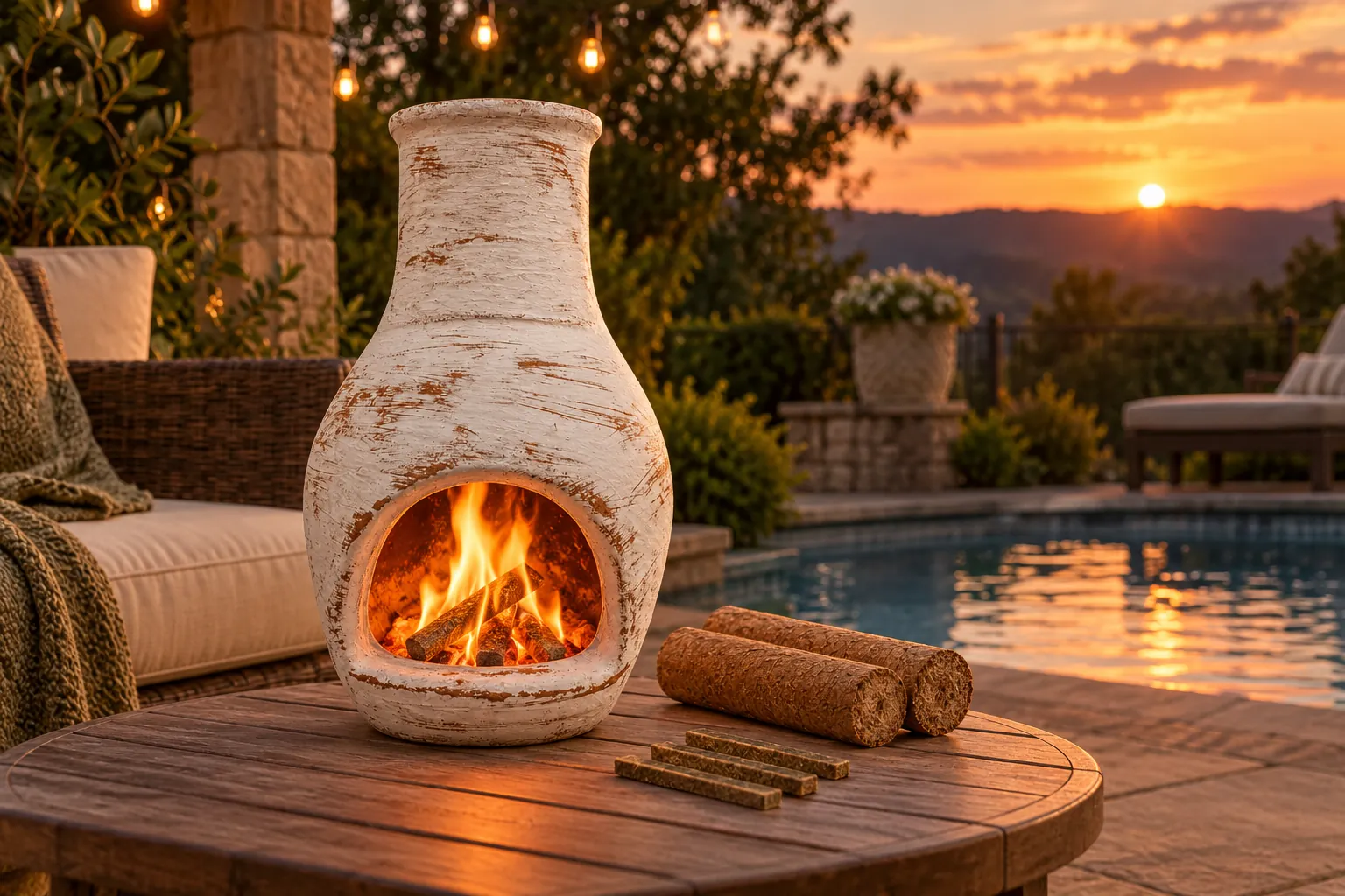A Lamb's Wool clay chiminea beside a backyard pool
