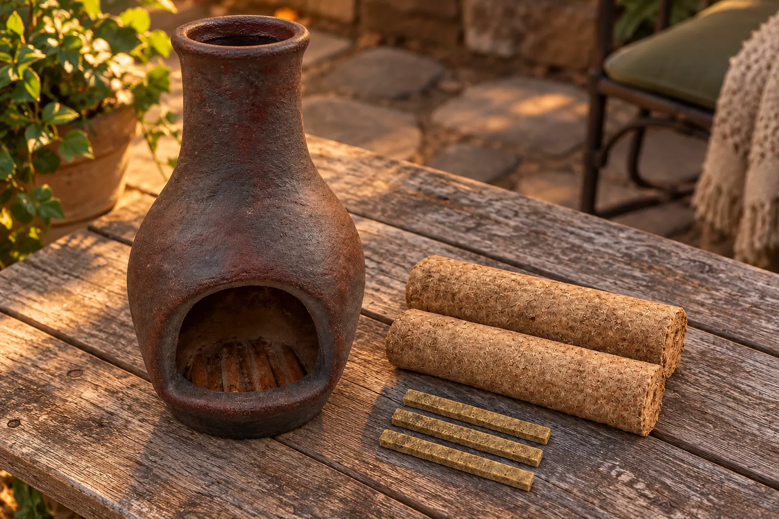 The chiminea, two Skeeterlogs and three fire starters laid out on a patio table