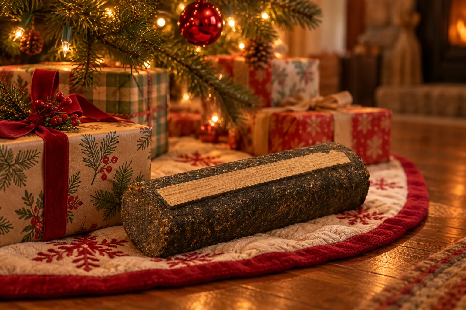 The aroma log and its stave under a Christmas tree