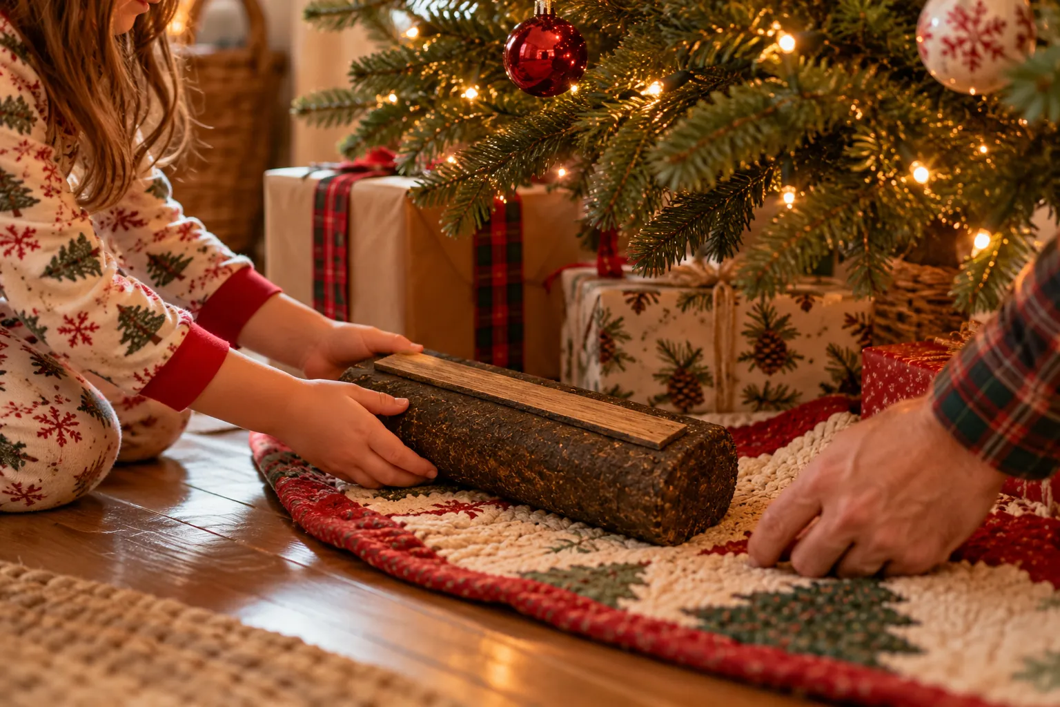 A child placing the aroma log beneath the tree
