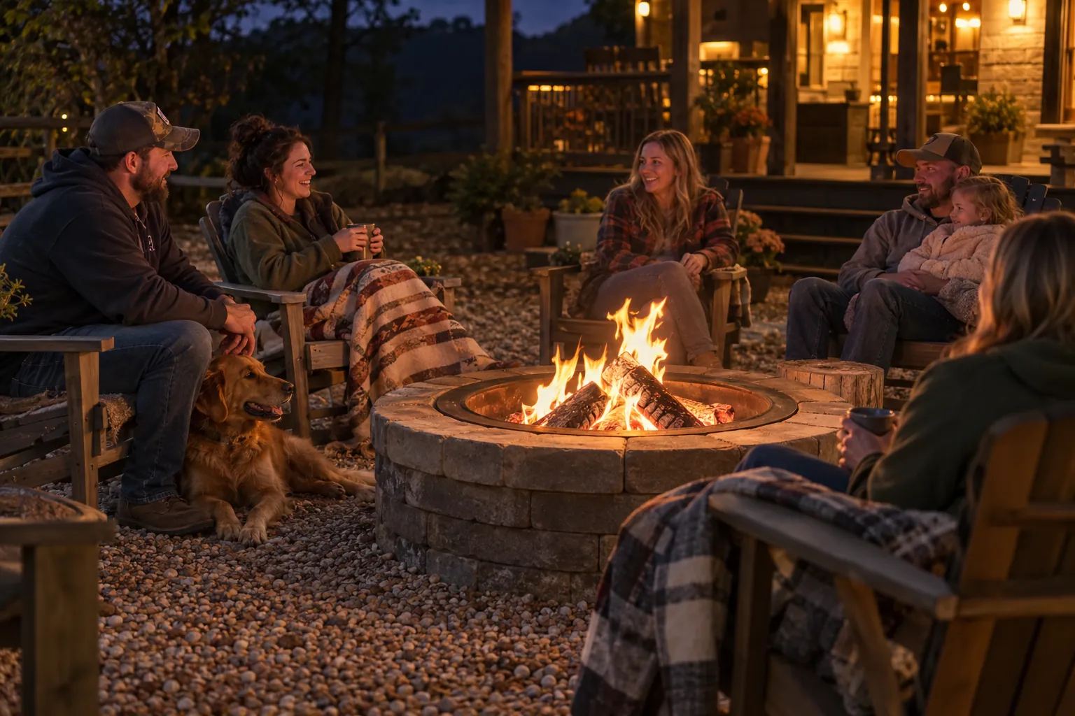 Family and friends around a fire pit after dark