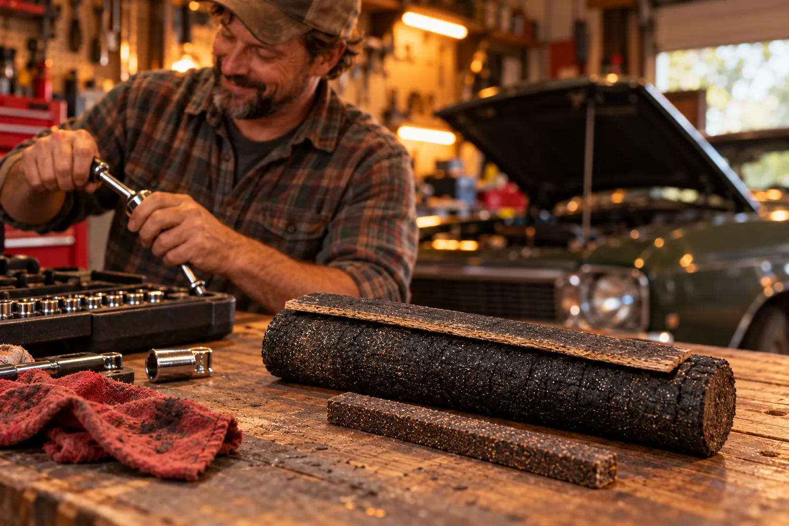 The aroma log on a garage workbench