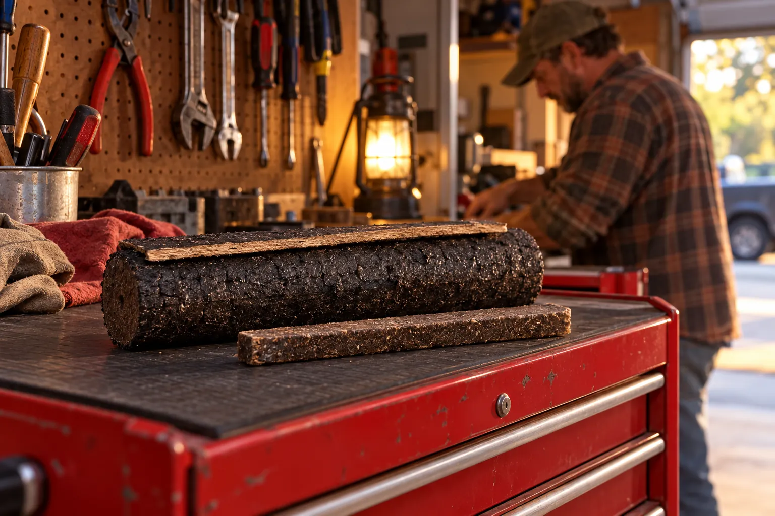 The log and its stave on a toolbox shelf