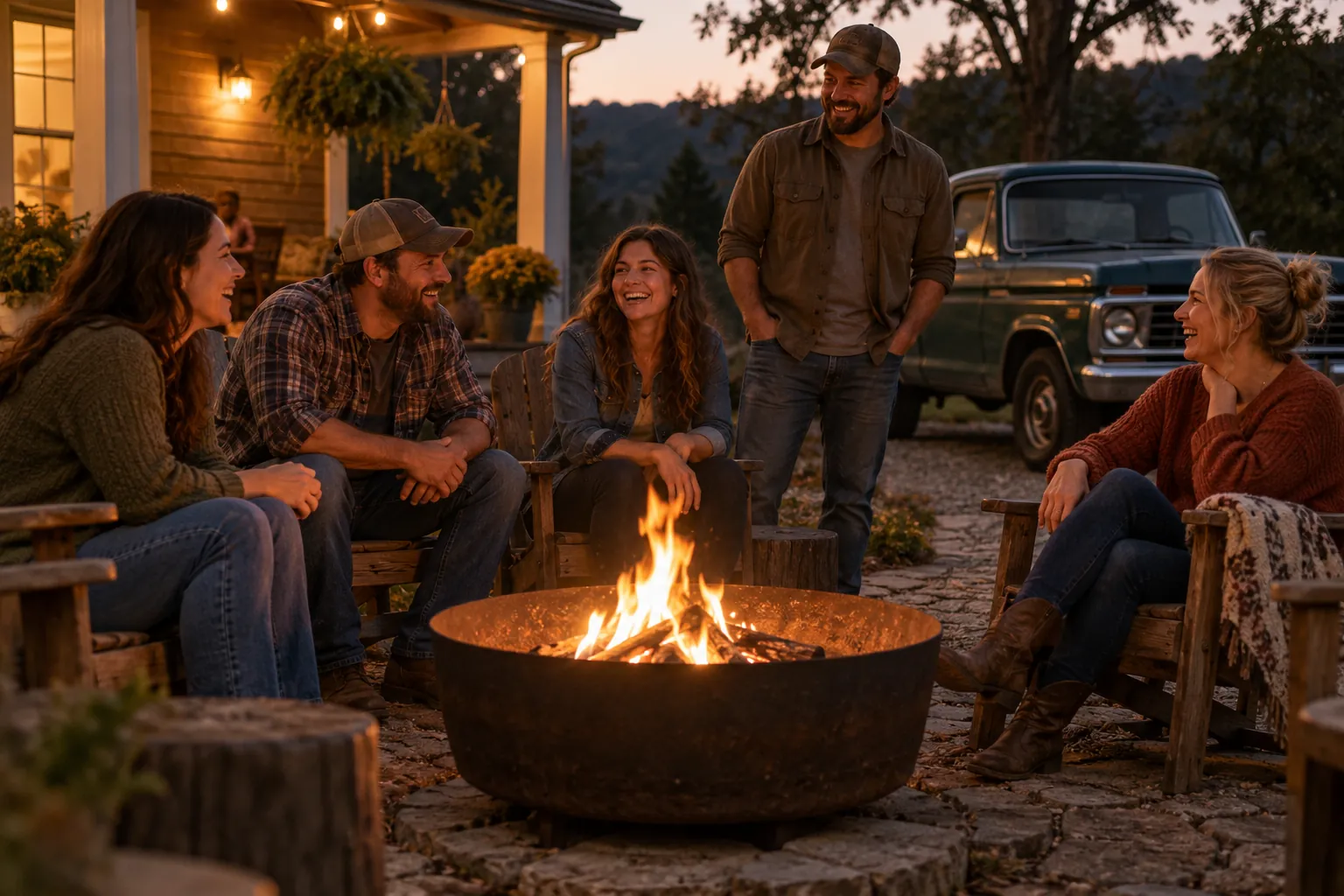 Friends around a backyard fire pit in the evening