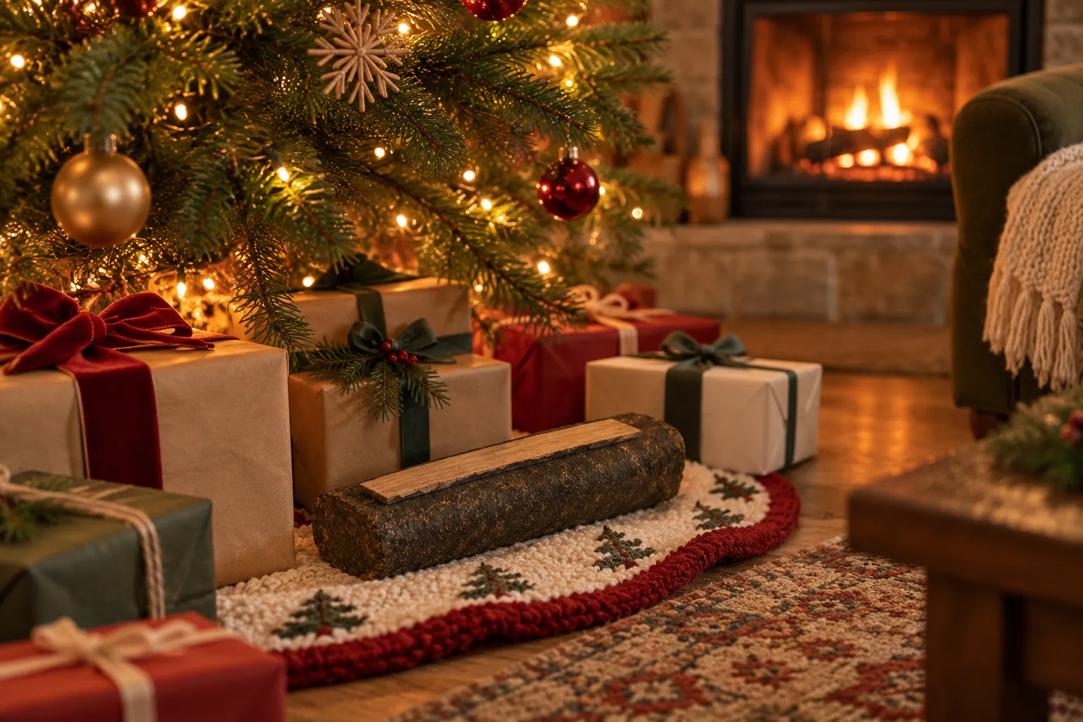 An aroma log resting under a Christmas tree between wrapped gifts