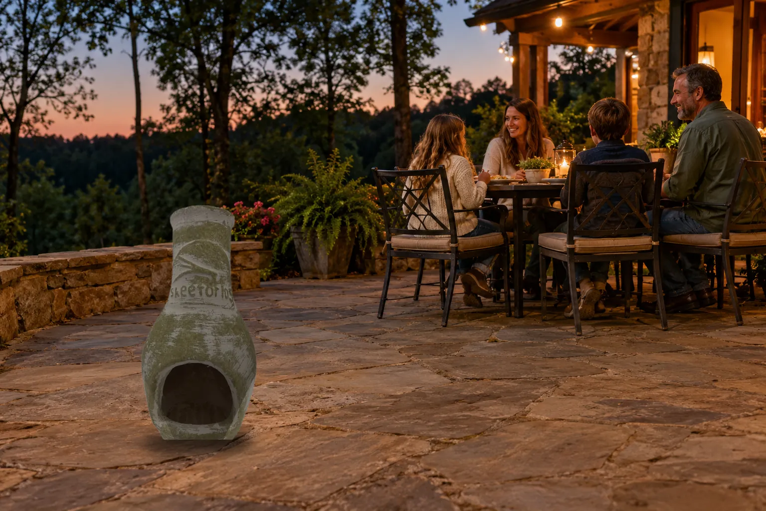 A family on a patio in the evening around a glowing clay chiminea