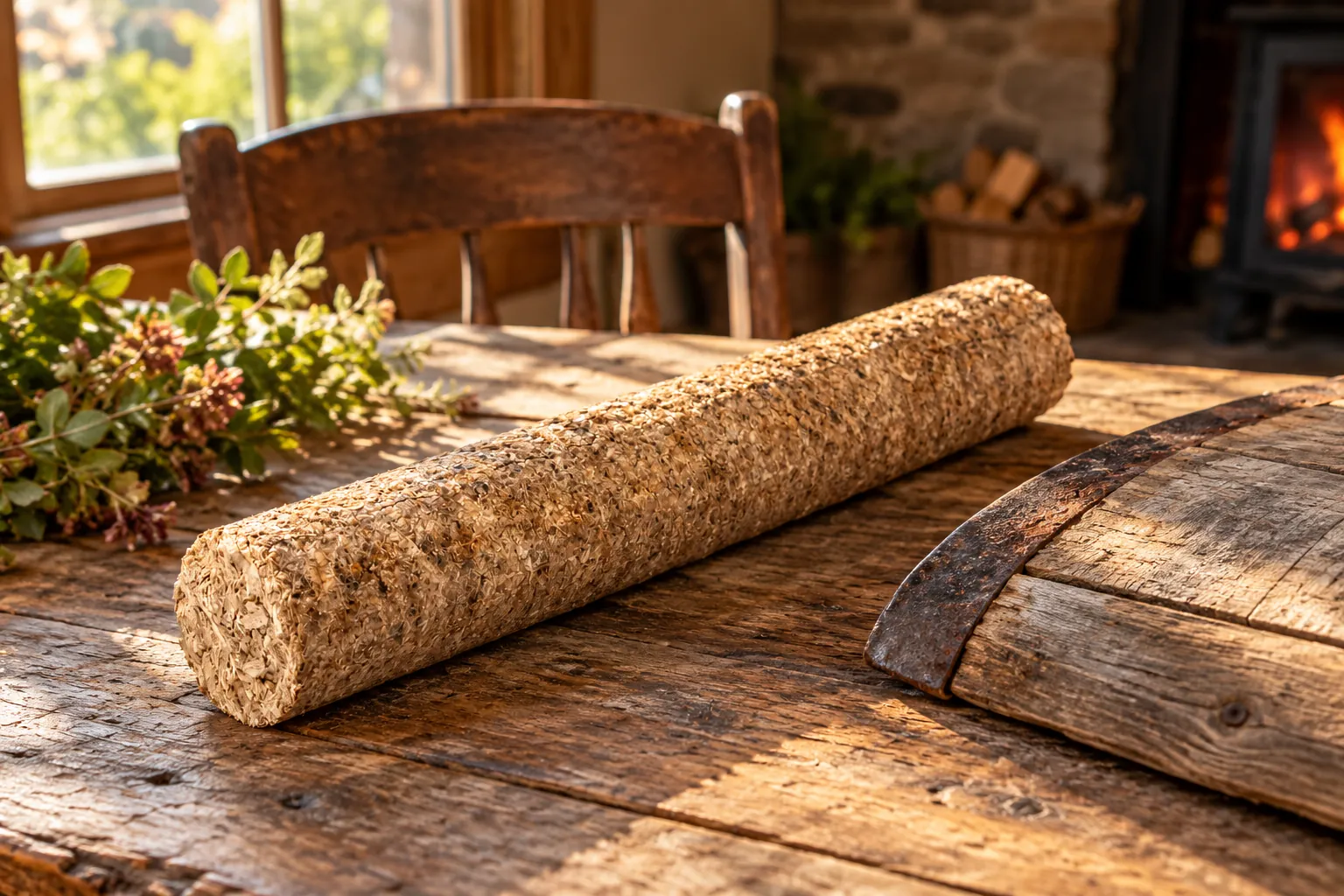 The aroma log beside a weathered barrel stave