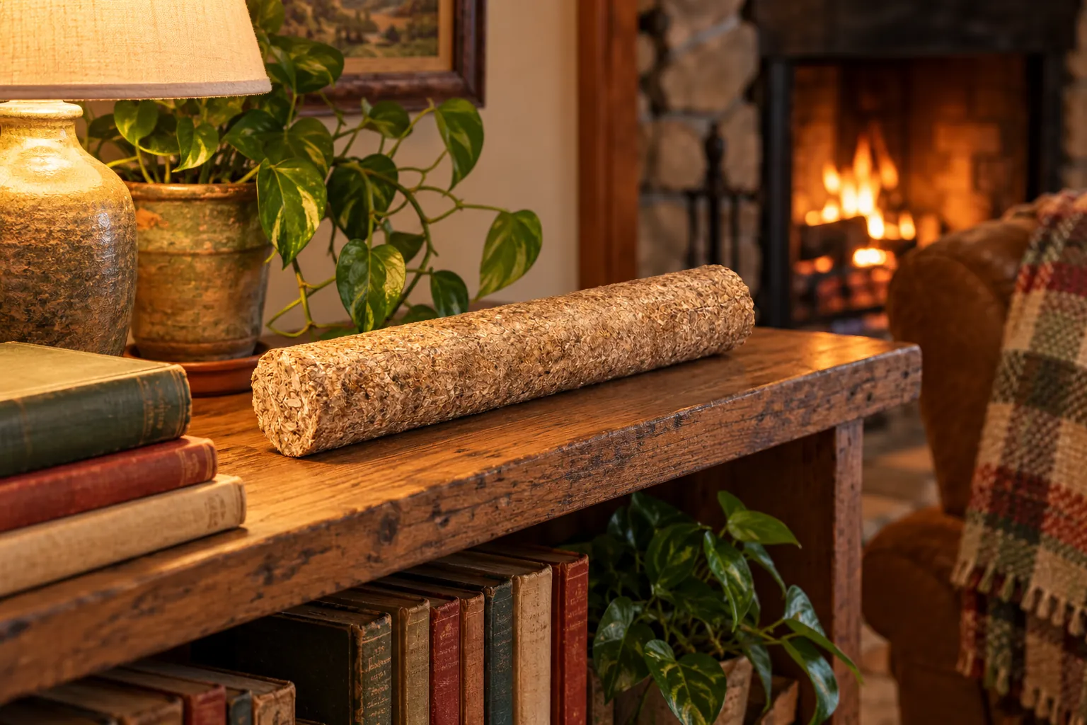 The aroma log on a wooden shelf in a warm living room