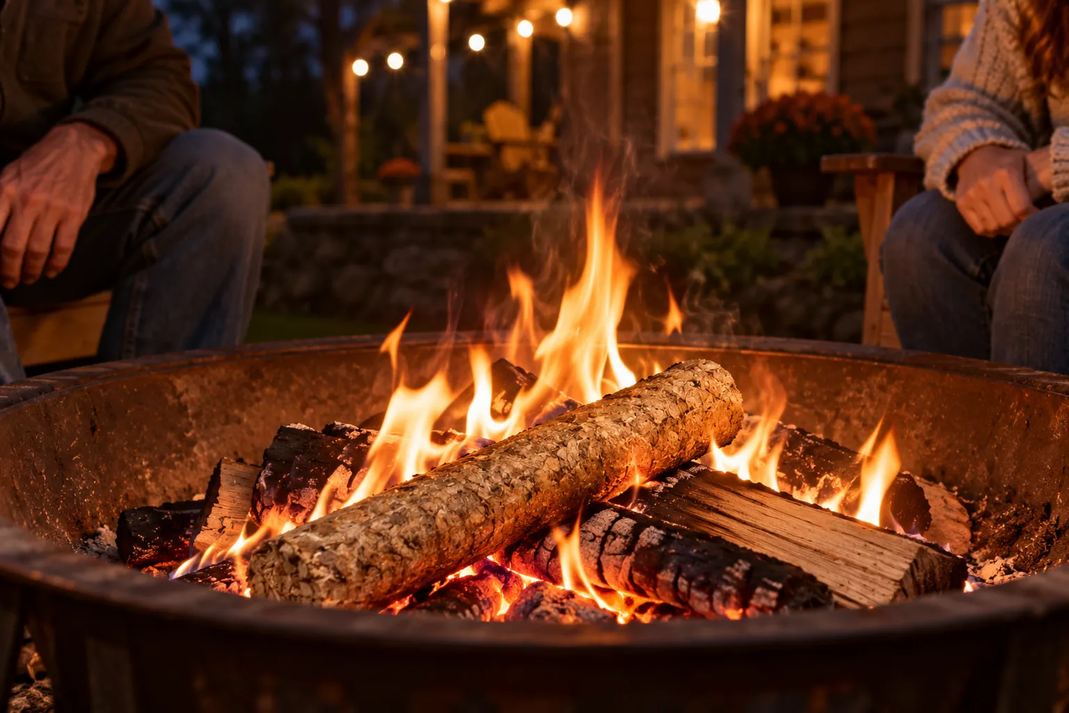 A fire pit gathering with the log and stave in the fire