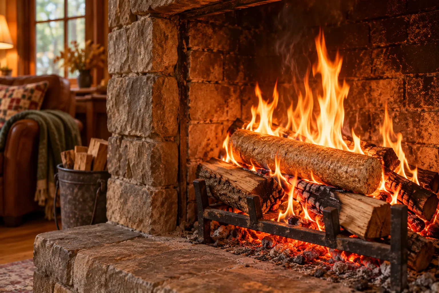 The aroma log on an established fire in a stone fireplace
