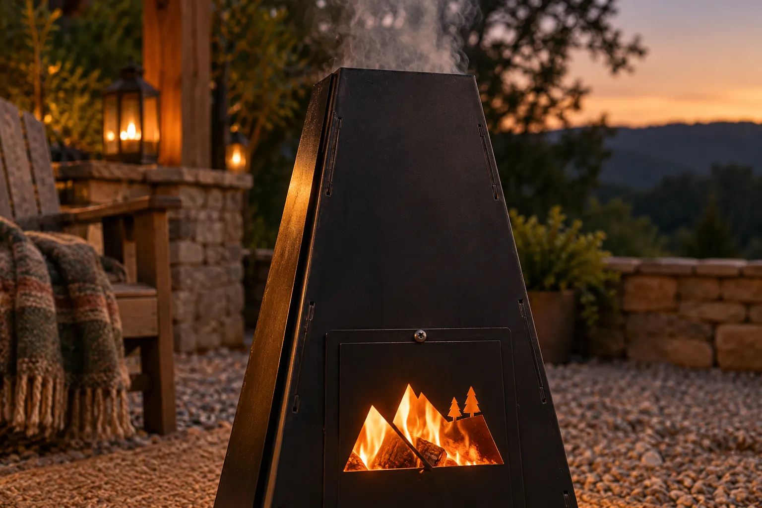 The steel chimney glowing on a patio at dusk