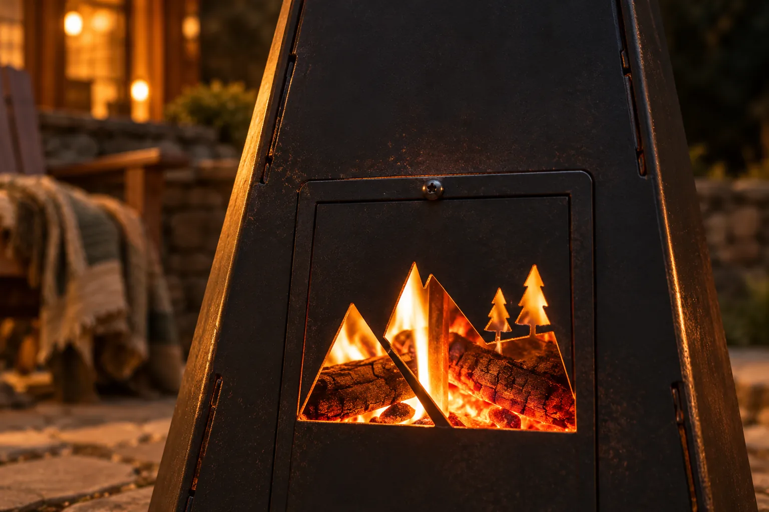 Firelight through the steel chimney's door vents