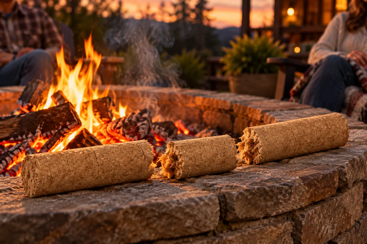 A Skeeterlog broken into pieces around the edge of a backyard fire