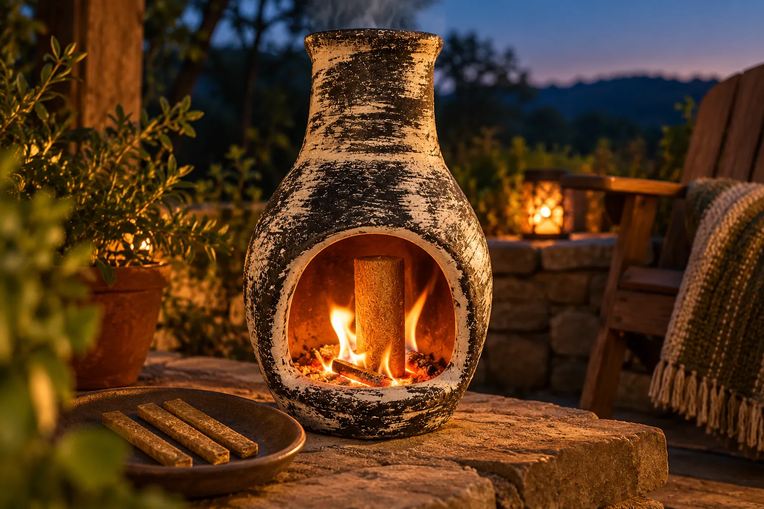 A Skeeterlog standing upright in a clay chiminea