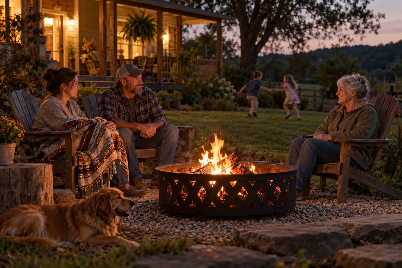 A family outside around a backyard fire in the evening