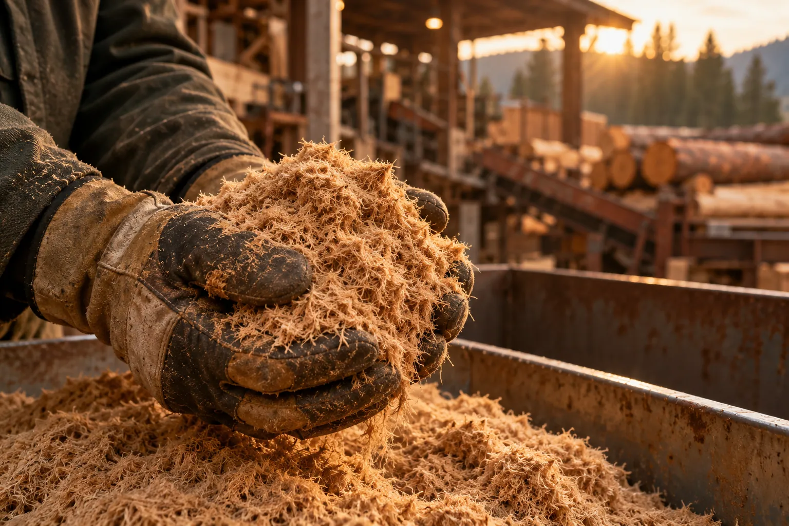 Hands holding reclaimed hardwood fiber at a sawmill