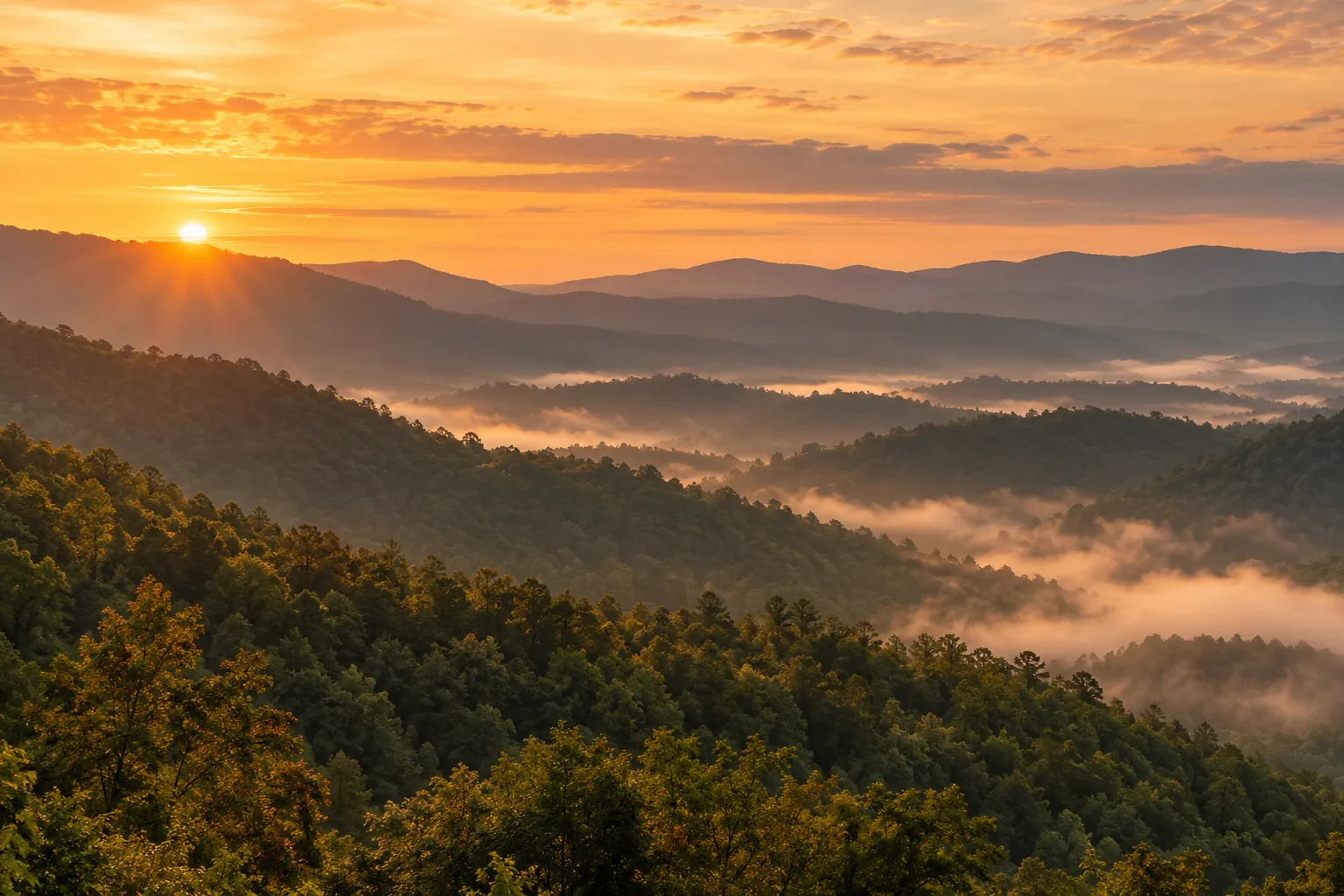 A Kentucky ridge line in early morning light with mist in the hollows