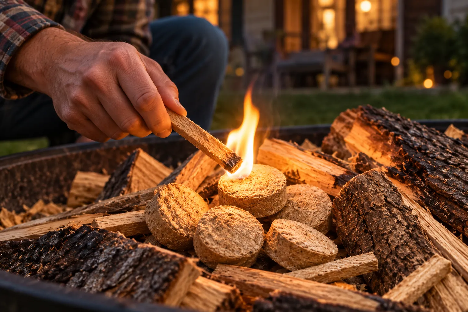 A small flame catching in a backyard fire pit