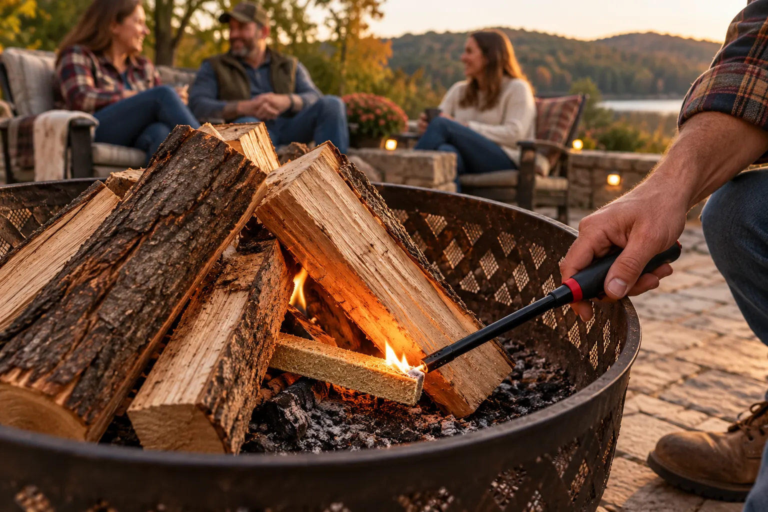 A hand lighting a fire starter stick under stacked hardwood